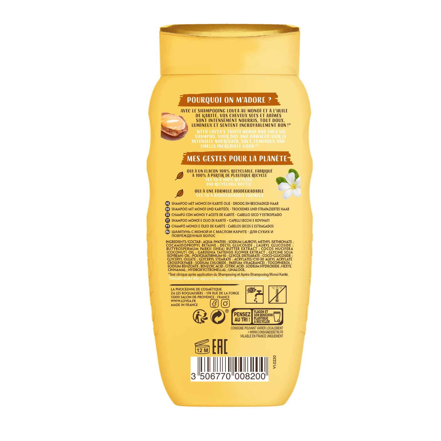 SHAMPOO CABELLO SECO Y DAÑADO MONOI-KARITE 250ML LOVEA - Imagen 2