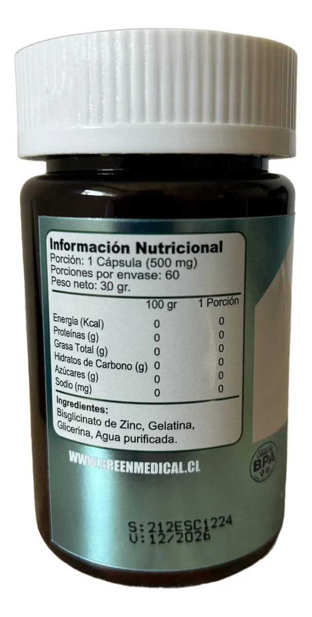 ZINC BISGLICINATO 500 MG X 60 CAPSULAS GREEN MEDICAL - Imagen 3
