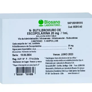 N BUTILBROMURO ESCOPOLAMINA 20 MG/ML X 5 AMPOLLAS